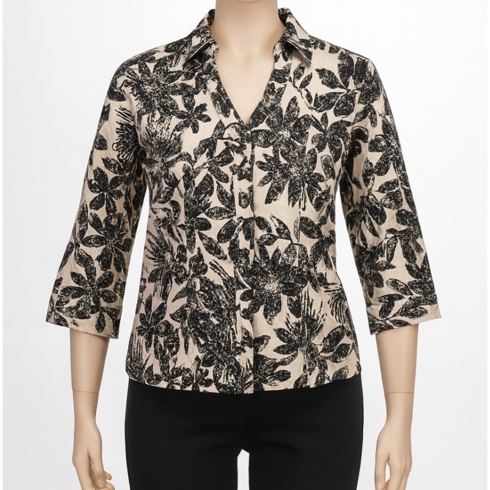 Harve Benard Linen Blend Blouse Womens XL Beige Black Floral Button Front NWT